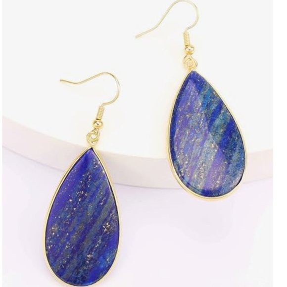 Lapis Stone Earrings Blue Gemstone Water Drop Gem Dangle Charm Gold Frame New - Picture 4 of 4